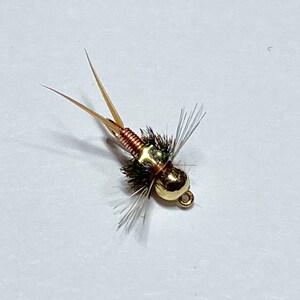 May include: A gold and copper coloured fly fishing lure with a brown and white feather tail.