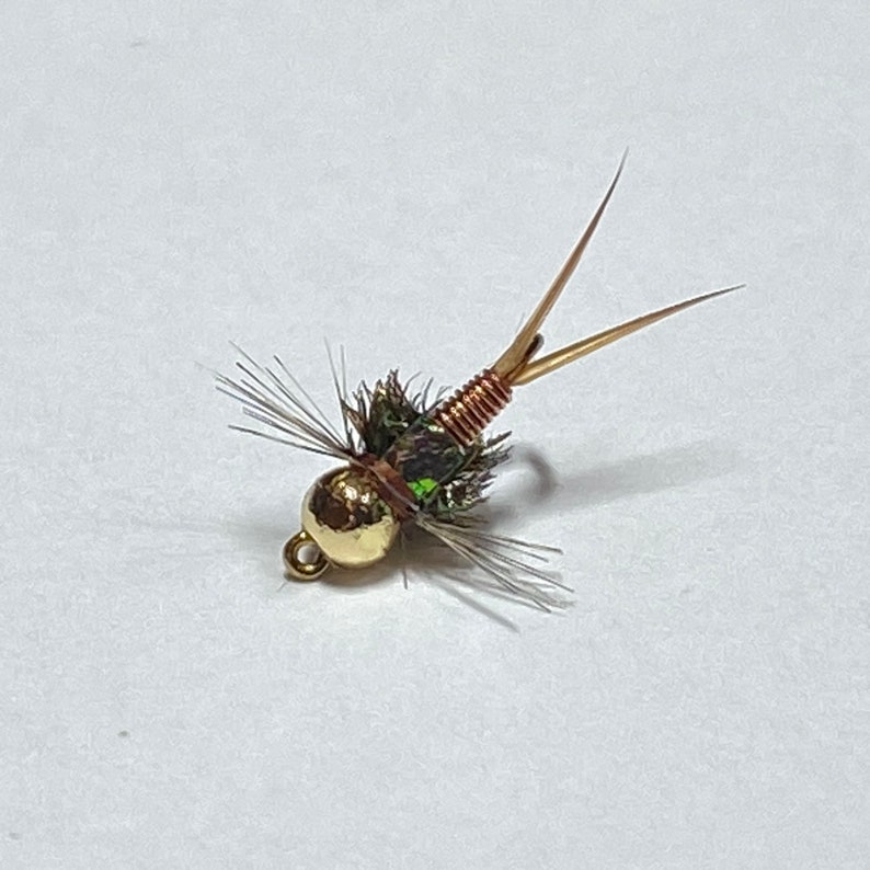 May include: A gold-headed fly fishing lure with a copper body and green and brown feathers.