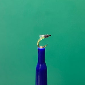 May include: A green and black fly fishing lure with a white wing, mounted on a blue rod holder.