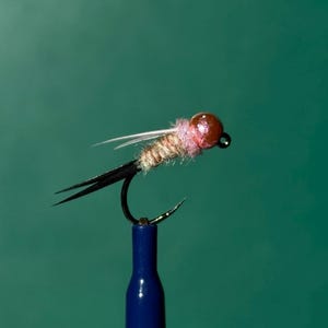 Può includere: Un'esca da pesca a mosca rosa e marrone con un amo nero e una perlina marrone e rosa.