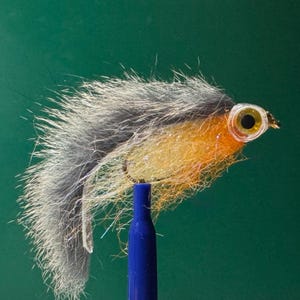 May include: A close-up of a handmade fishing fly. The fly features a combination of orange, yellow, and gray materials, with a prominent eye and a blue support. The fly is designed to mimic a baitfish.