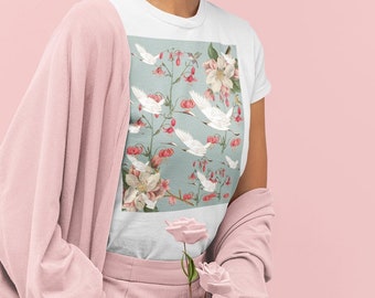 Crane & Magnolia Flower Asian Vintage Art Shirt Gift -Japanse Bird Hummingbird Botanische Esthetische Kunst Tee -Oriental Floral T shirt