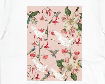 Crane & Magnolia Flower Aziatische Vintage Art Shirt Gift -Japanse Bird Hummingbird Botanische Roze Esthetische Kunst Tee -Oriental Floral T shirt