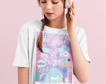 Harajuku Kleding-Harajuku Shirt-Vintage Anime Shirt-Esthetische Manga Shirt-Kawaii Meisje Tee-Roze Love Shirt-Cute Anime Shirts-TUMBLR Tee-VSCO