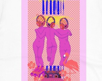 Grappige Vintage Art Shirt-Retro 80s 90s Y2K Roze Griekse Mythologie Drie Gratiën luisteren Muziek ECO Vriendelijke Tee Gift- Pink Goddess T Shirt