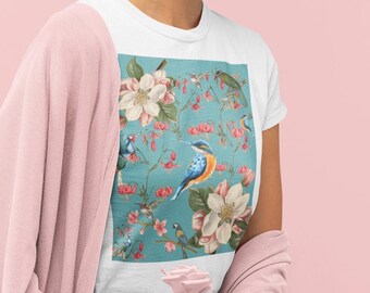 Blauwe vogel & Aziatische bloem Vintage Art Shirt Gift-Kingfisher Magnolia Tee Chinese Bloemen T Shirt - Botanisch Oriëntalisme Chinoiserie T-Shirt