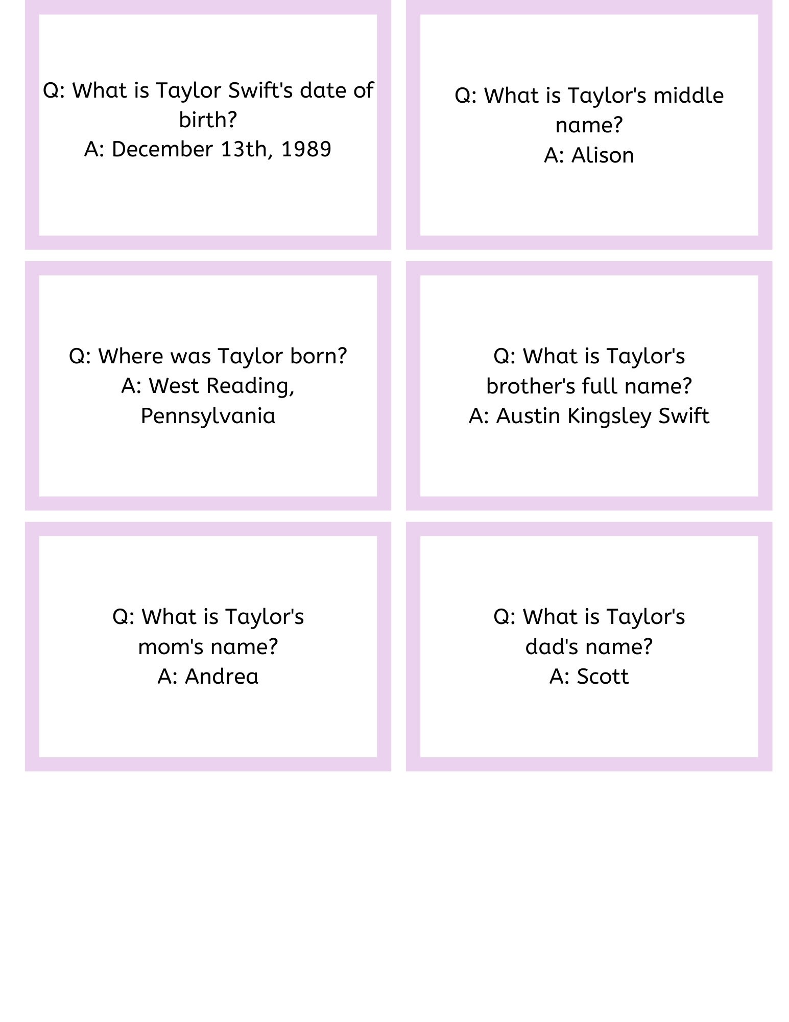Swifty Trivia Printable Pop Star Trivia Cards - Etsy
