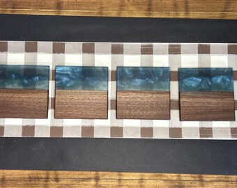Steel Blue Epoxy Black Walnut Coaster Set
