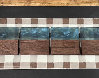 Steel Blue Epoxy Black Walnut Coaster Set