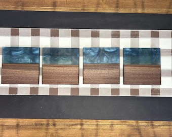 Steel Blue Epoxy Black Walnut Coaster Set