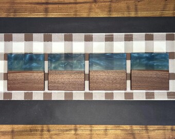 Steel Blue Epoxy Black Walnut Coaster Set