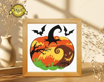 Spooky Pumpkin 3D Layered Shadow Box SVG, Halloween Lightbox Template voor Cricut Laser Cut