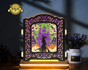Halloween pop-up lightbox SVG, Witch Castle Shadow Box sjabloon voor papier knippen, Cricut, silhouet