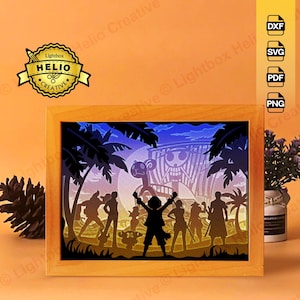 One Piece 3 Going Merry Crew 3D Lightbox SVG DXF Files, DIY One Piece Shadow Box for Cricut, Silhouette, Hand Cut Paper Art, Pirate Ship