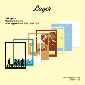 May include: A digital file set titled Layer featuring 8 layers for a 20x26 cm paper craft project. The design includes silhouettes of characters, a ship, waves, and palm trees in black, teal, white, tan, brown, yellow, and blue colors.