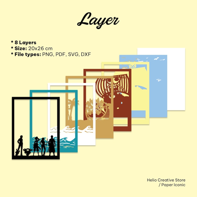 May include: A digital file set titled Layer featuring 8 layers for a 20x26 cm paper craft project. The design includes silhouettes of characters, a ship, waves, and palm trees in black, teal, white, tan, brown, yellow, and blue colors.