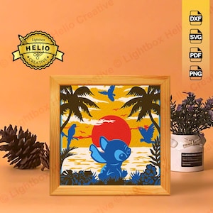 Stitch 3D Lightbox SVG DXF Files, DIY Lilo & Stitch Shadow Box for Cricut, Cnc Cut, Hand Cut Paper Art, Disney Fanart Layered, Summer Beach