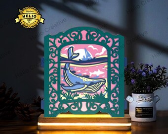 Walvis papieren uitsnede schaduwdoos SVG: Oceaan pop-up lichtbak sjabloon voor Cricut Silhouette