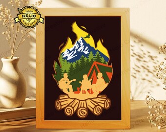 Campfire Paper Cut Shadow box SVG, Outdoor Camping Lightbox Template for Cricut, Silhouette