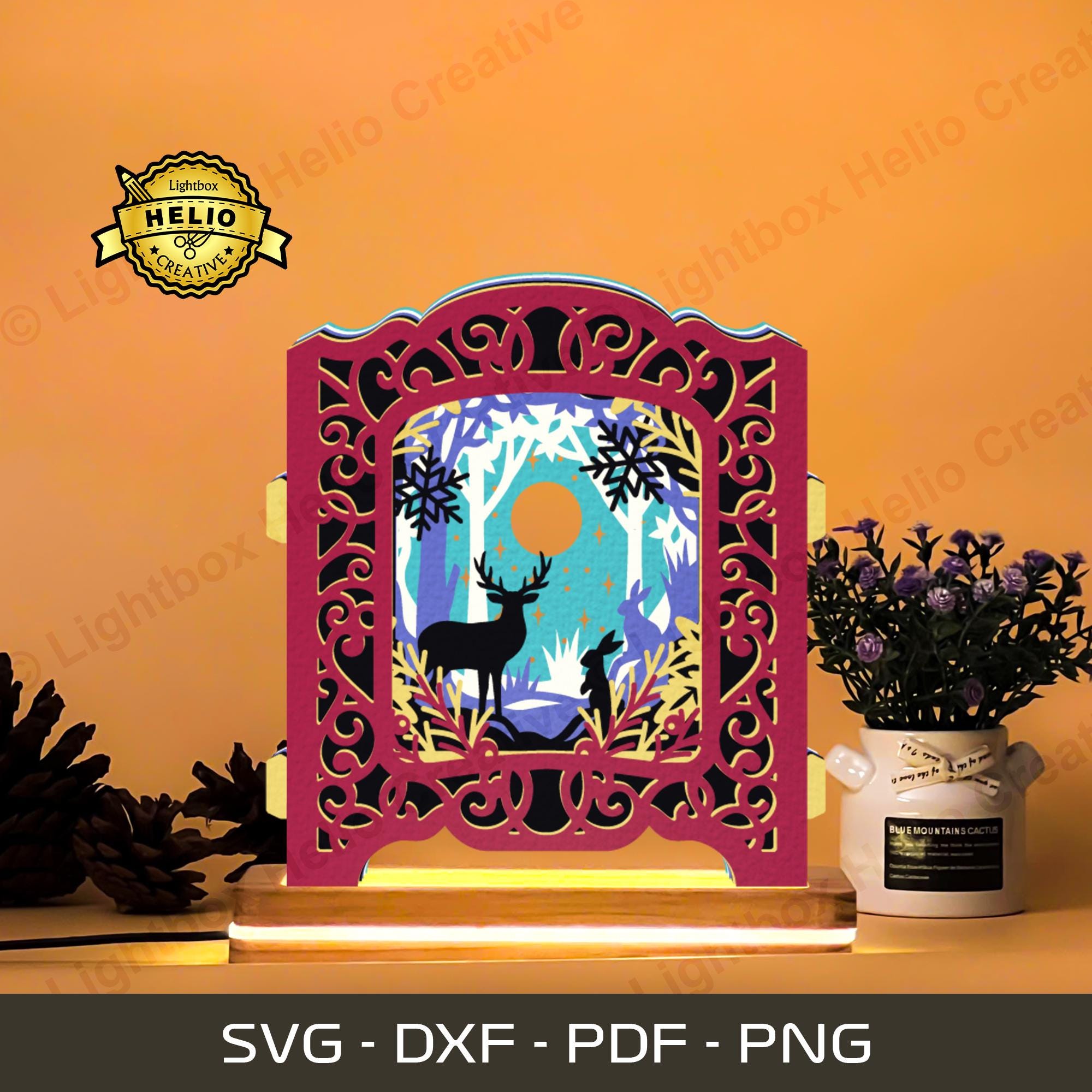鹿とウサギのポップアップライトボックスSVG：自然シャドウボックス