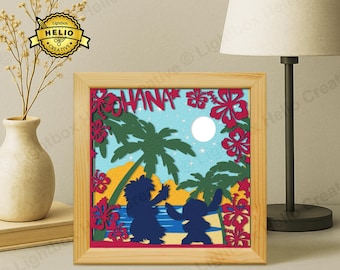 Cartoon Characters Paper Cut Lightbox SVG, Beach Shadow Box Template for Cricut, Laser Cut