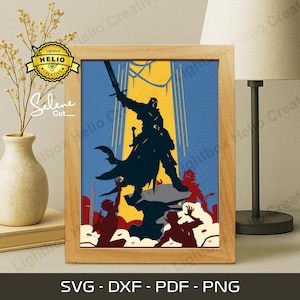 May include: Framed art print featuring a silhouette of a warrior with a sword, set against a blue and yellow background. The artwork includes figures at the base and the text "SVG - DXF - PDF - PNG". The frame is made of light-colored wood.
