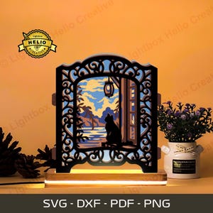 Kot przy oknie, wyskakująca skrzynka świetlna SVG: Szablon DIY Pet Shadow Box (do pobrania w wersji cyfrowej)