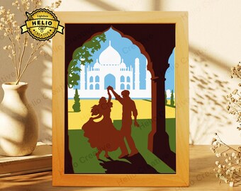 Taj Mahal Paper Cut Shadow Box SVG, Couple Dancing Lightbox Template for Cricut, Valentine