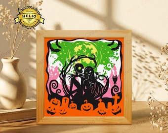 Halloween papieren knipsel lichtbak SVG, cartoonkoppel schaduwbak sjabloon voor Cricut Silhouette