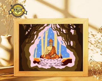 Boeddha Meditatie 3D Gelaagde Schaduwdoos SVG, Lotus Lichtbak Sjabloon voor Cricut, Lasersnijden