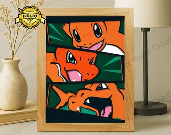 Pokemon Glurak Familie Schattenbox SVG, Papierschnitt Lightbox, Laser Cut Vorlage