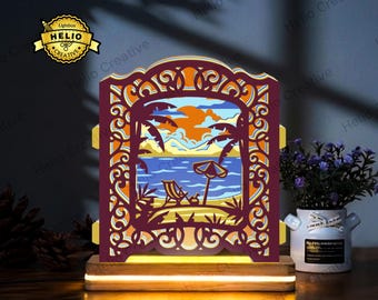 Summer Beach pop-up lightbox SVG, Shadow Box-sjabloon voor papiersnede, Cricut, silhouet