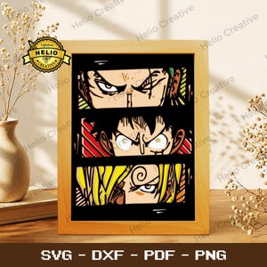 May include: A rectangular light wood frame containing a layered paper art piece featuring three horizontal panels. Each panel displays the intense, detailed eyes of a different anime character in black, white, red, and yellow color schemes.