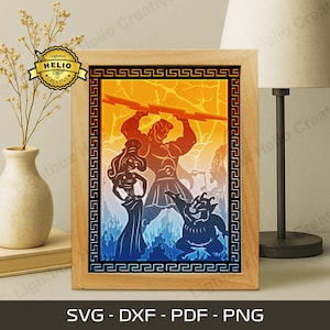 May include: A framed light box featuring a layered design of Hercules, Megara, Hades, and other characters from the animated film. The artwork is set against a backdrop of orange and blue hues, with a Greek key border. The text "SVG - DXF - PDF - PNG" is at the bottom.