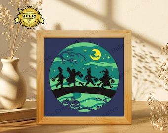 Trick or Treat Kids 3D gelaagde schaduwdoos SVG, Halloween-lichtbaksjabloon voor Cricut
