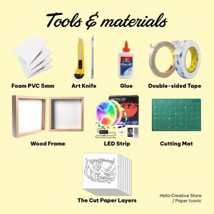 May include: A collection of crafting supplies labeled Tools & materials, including white 5mm foam PVC sheets, an art knife, glue, double-sided tape, wooden frames, an LED strip light, a green cutting mat, and stacked cut paper layers.