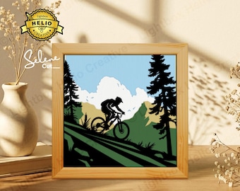Mountain Bike Paper Cut Lightbox SVG, Cycling Shadow Box Template for Cricut, Laser Cut