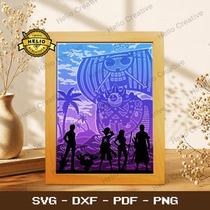 May include: A framed layered paper art piece featuring a silhouette of a pirate ship and four characters against a blue and purple gradient background with palm trees. The artwork displays a skull and crossbones emblem on the ship's sail.