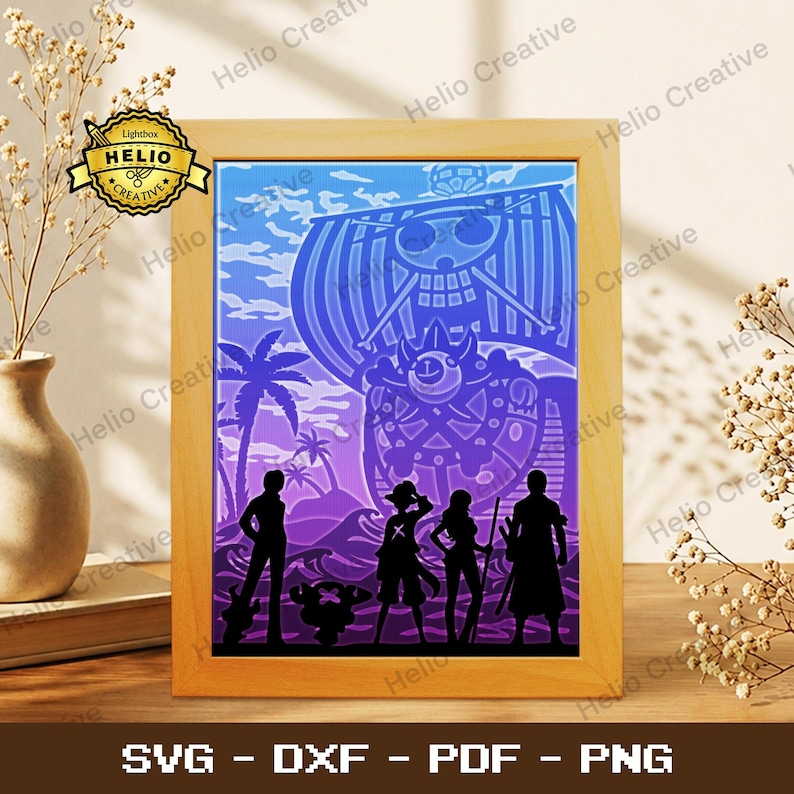 May include: A framed layered paper art piece featuring a silhouette of a pirate ship and four characters against a blue and purple gradient background with palm trees. The artwork displays a skull and crossbones emblem on the ship's sail.