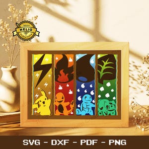 May include: A rectangular wooden frame containing a graphic print divided into four vertical panels. Each panel features a character silhouette and an elemental symbol: a yellow lightning bolt, orange fire, blue water droplets, and green leaves.