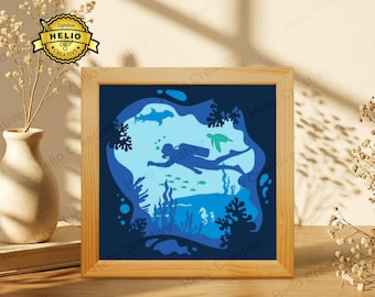 Scuba Diver Paper Cut Shadow box SVG, Underwater Ocean Lightbox Template for Cricut, Silhouette