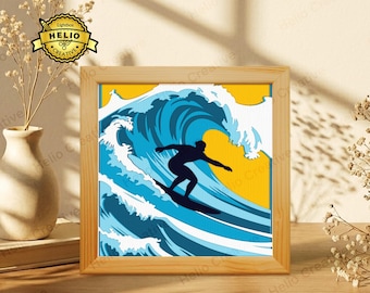 Surfer Paper Cut Shadow Box SVG, Ocean Wave Lightbox Template for Cricut, Laser Cut