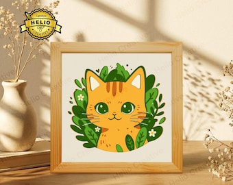 Kat in struik 3D gelaagde schaduwbox SVG, Lightbox-sjabloon voor Cricut, lasersnijden