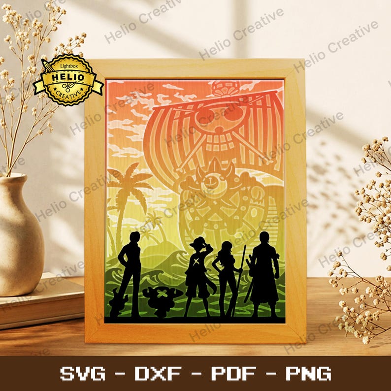 May include: A framed multi-layered paper art piece featuring silhouettes of five characters and a ship with a skull emblem against a sunset background. The artwork displays a gradient from orange to yellow to green, depicting palm trees and waves.