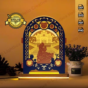 File SVG DXF per lightbox pop-up 3D "La Bella e la Bestia", scatola luminosa fai da te per Cricut, carta tagliata a mano, La Bella e la Bestia