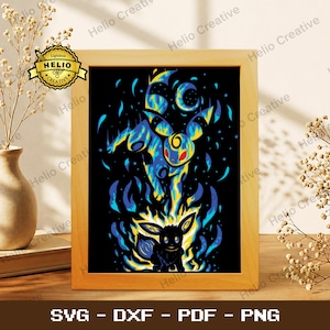 May include: A framed digital art print featuring a stylized creature with large ears surrounded by swirling blue and yellow flames against a black background. The text SVG - DXF - PDF - PNG is printed at the bottom of the image.