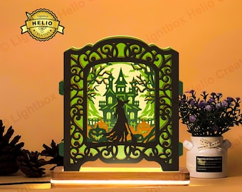 Halloween Pop-up Lightbox SVG, Hexenschloss Schattenbox Vorlage für Papierschnitt, Cricut, Silhouette