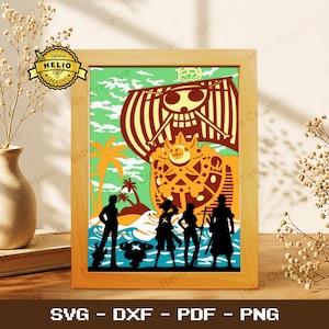 May include: A framed wall art print featuring a colorful illustration of a ship with a skull and crossbones sail, palm trees, and the silhouettes of five characters standing on a shoreline with blue waves and a bright green sky.
