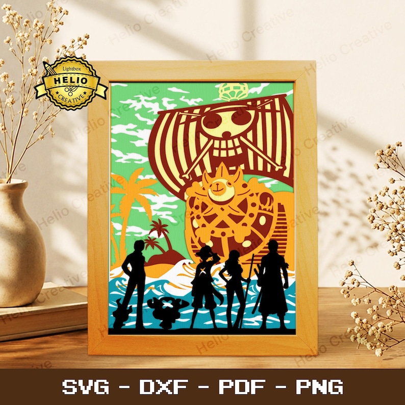 May include: A framed wall art print featuring a colorful illustration of a ship with a skull and crossbones sail, palm trees, and the silhouettes of five characters standing on a shoreline with blue waves and a bright green sky.