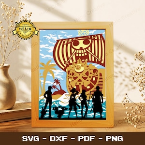 May include: A framed paper art piece featuring a silhouette of the One Piece Thousand Sunny ship and five characters against a blue sky and ocean background. The ship displays a skull and crossbones emblem on its large yellow sail.